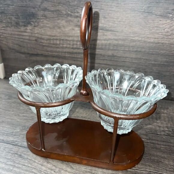 Vintage Kig Indonesia Starburst Glass with Bronze Iron Condiment Stand Carousel - Picture 1 of 7